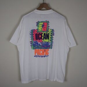 Vintage 1990 Ocean Pacific OP Surf Double Sided Shirt Distressed White XL 23x28